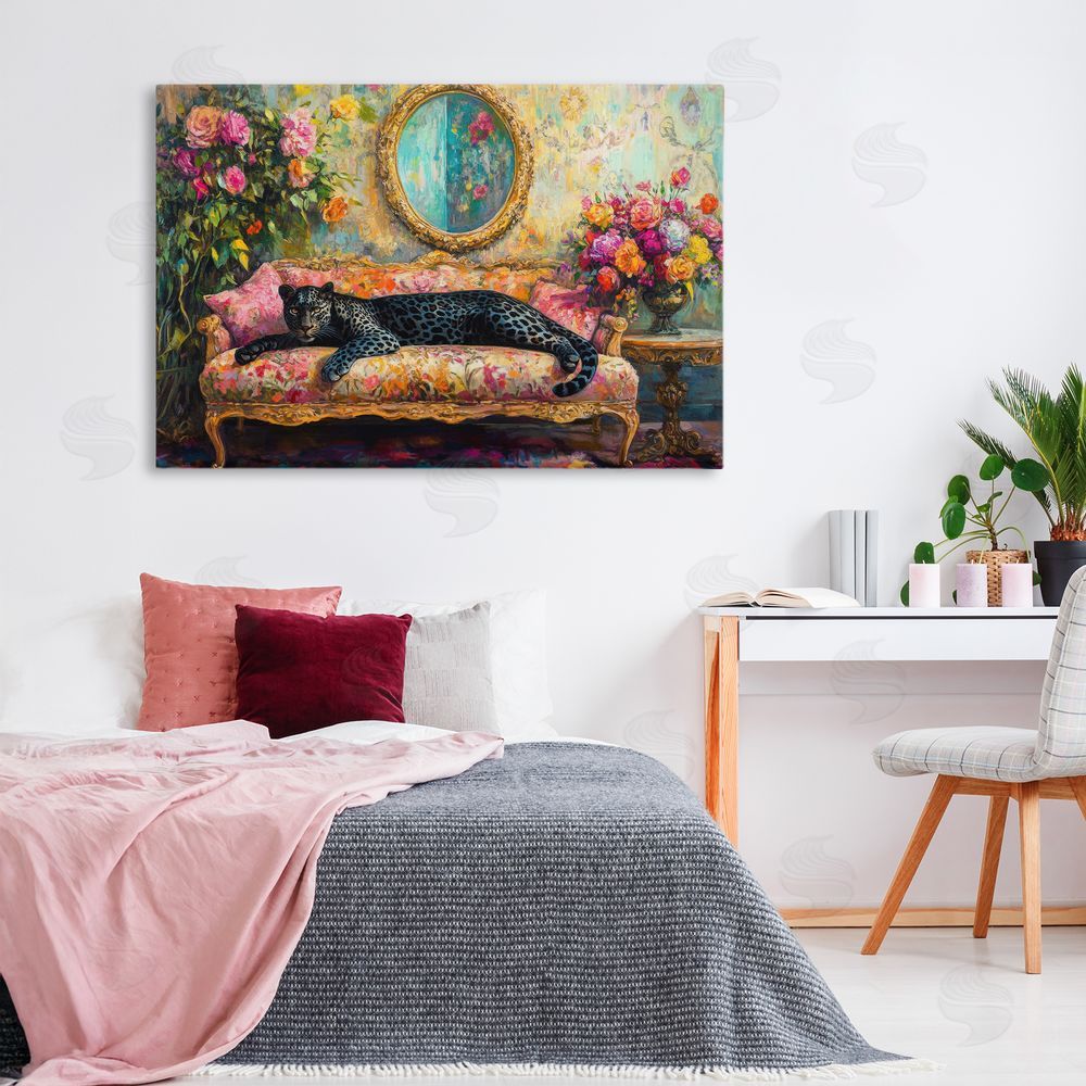 Petal Prints Design Lounging Leopard on Floral Sofa Stretched Canvas Wall Art in Room