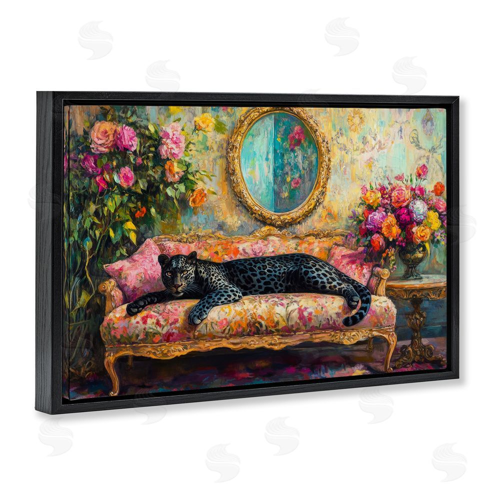 Petal Prints Design Lounging Leopard on Floral Sofa Black Floating Framed Canvas Wall Art