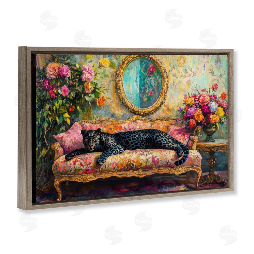 Petal Prints Design Lounging Leopard on Floral Sofa Brown Floating Framed Canvas Wall Art