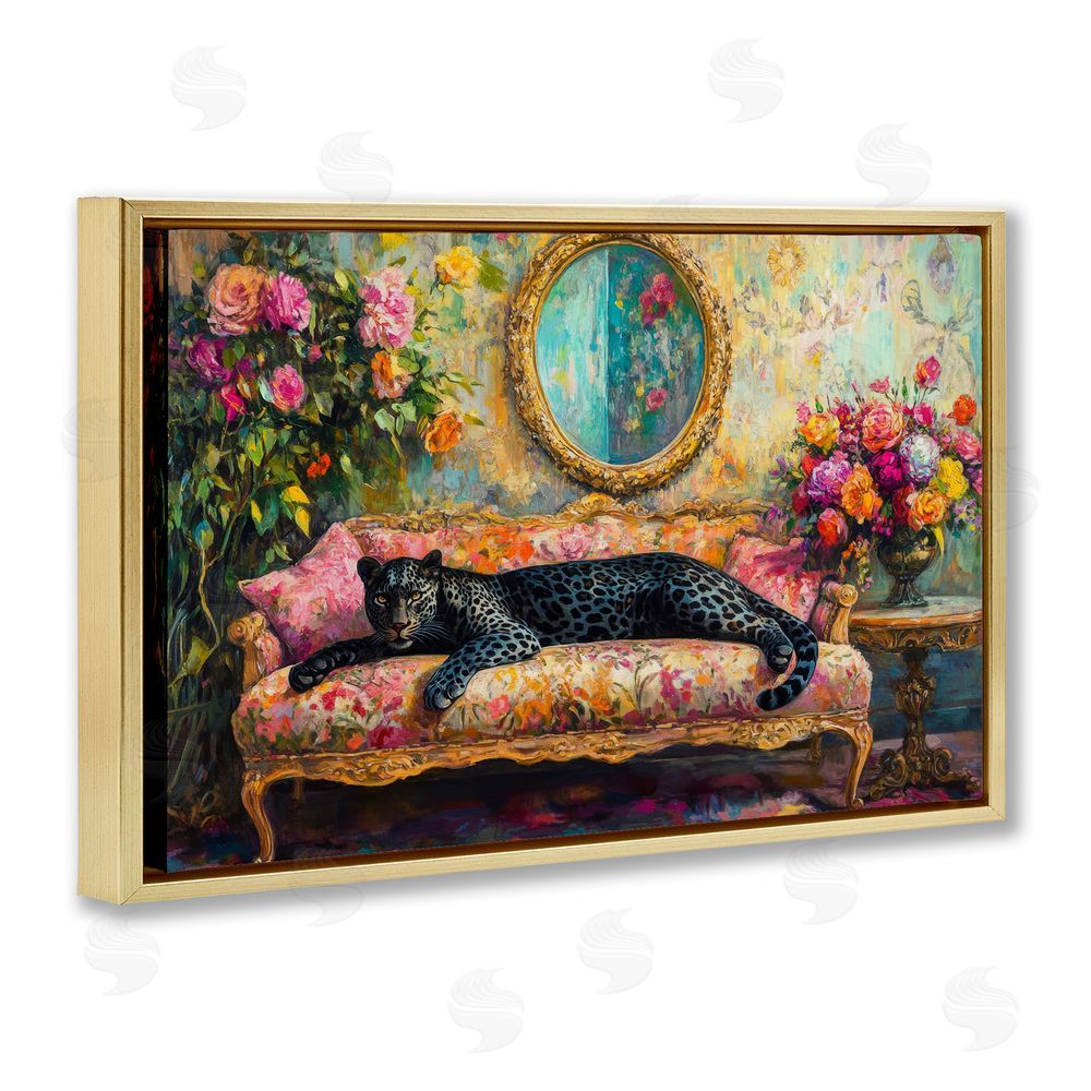 Petal Prints Design Lounging Leopard on Floral Sofa Gold Floating Framed Canvas Wall Art