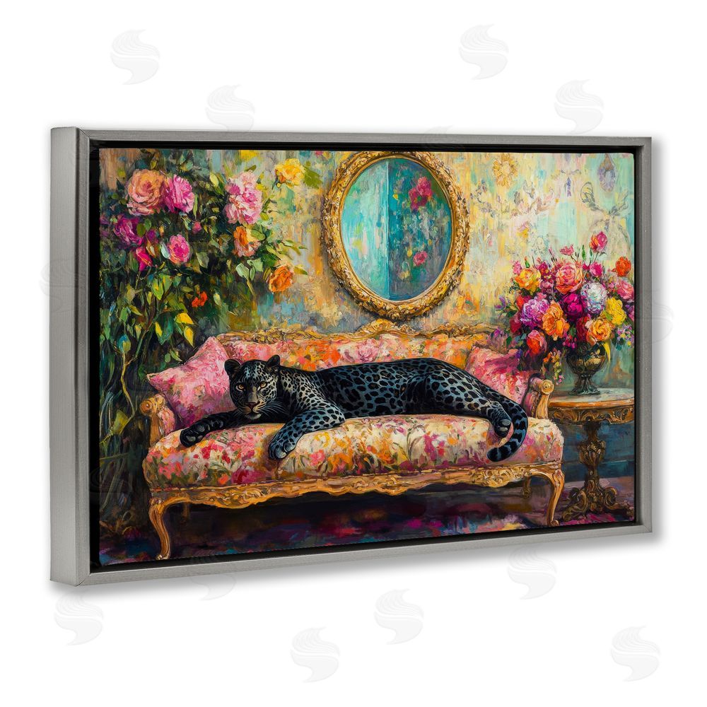 Petal Prints Design Lounging Leopard on Floral Sofa Gray Floating Framed Canvas Wall Art