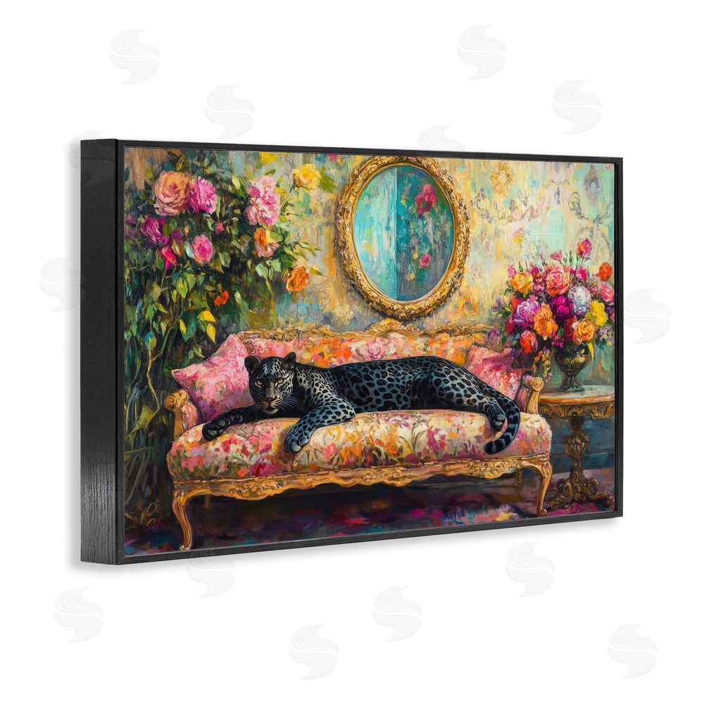 Petal Prints Design Lounging Leopard on Floral Sofa Black Framed Giclee Wall Art
