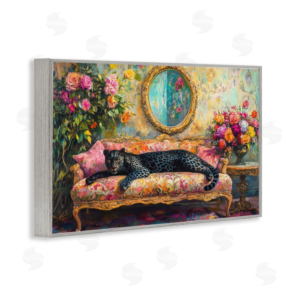 Petal Prints Design Lounging Leopard on Floral Sofa Gray Framed Giclee Wall Art