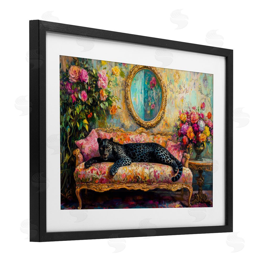 Petal Prints Design Lounging Leopard on Floral Sofa Black Framed Print Under Glass Wall Art