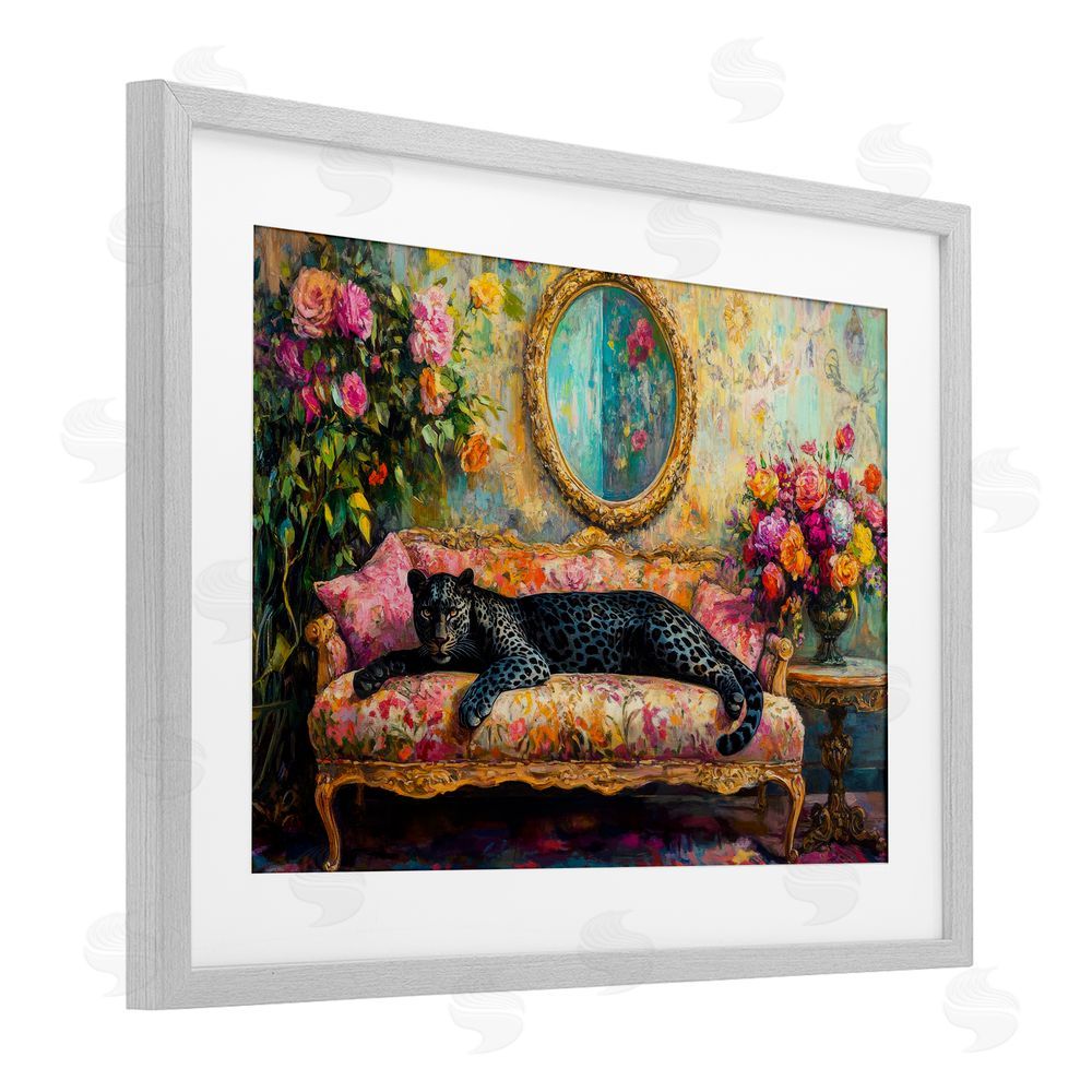 Petal Prints Design Lounging Leopard on Floral Sofa Gray Framed Print Under Glass Wall Art