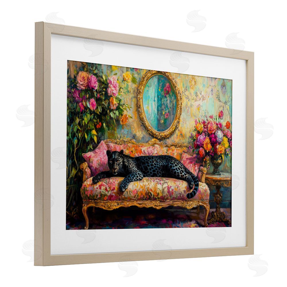 Petal Prints Design Lounging Leopard on Floral Sofa Brown Framed Print Under Glass Wall Art