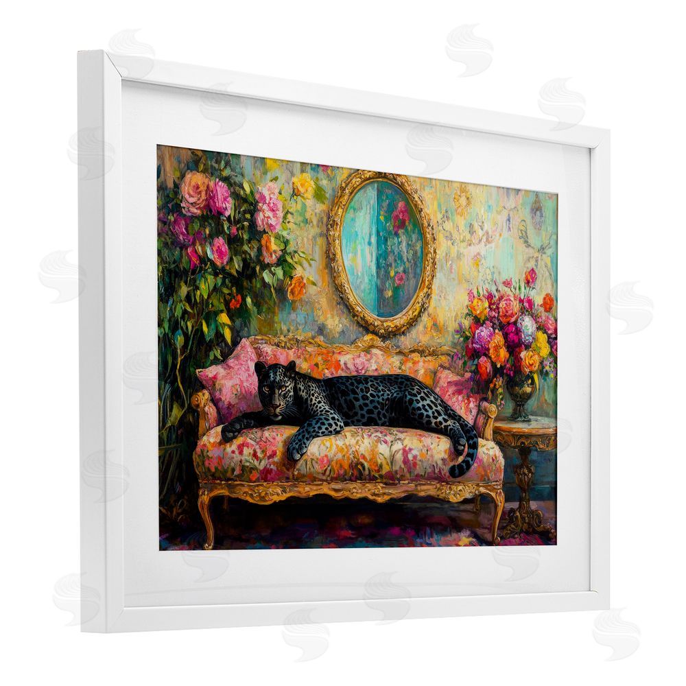 Petal Prints Design Lounging Leopard on Floral Sofa White Framed Print Under Glass Wall Art
