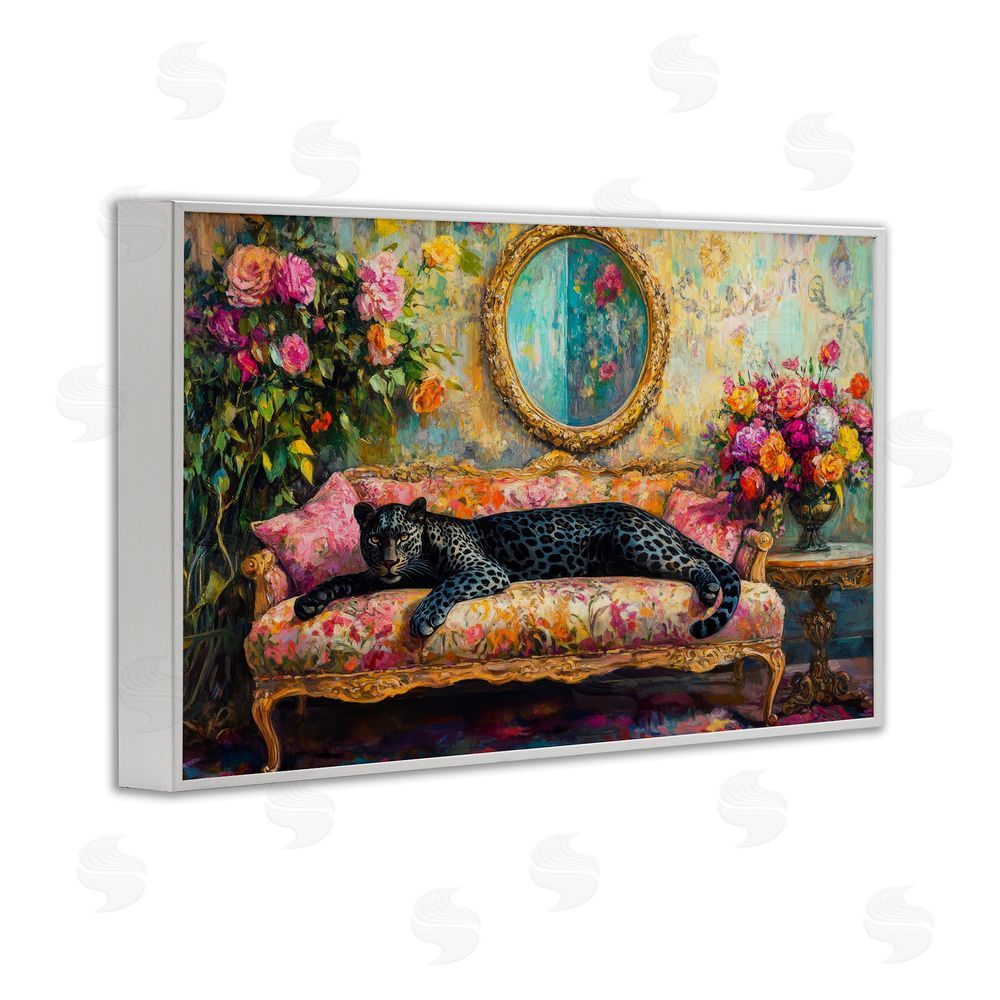 Petal Prints Design Lounging Leopard on Floral Sofa White Framed Giclee Wall Art
