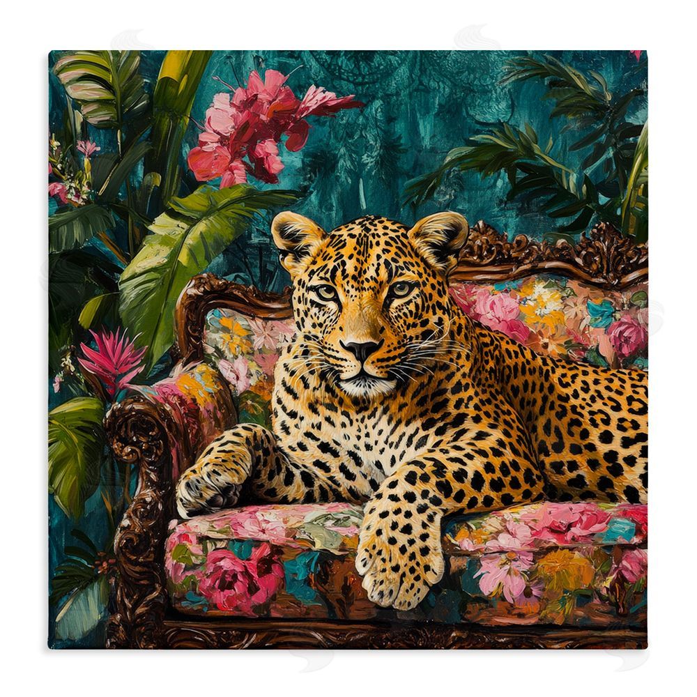 Petal Prints Design Fashionable Leopard on Floral Sofa Stretched Canvas Wall Art