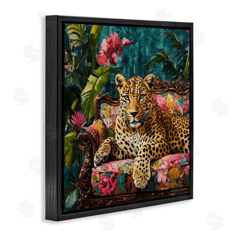 Petal Prints Design Fashionable Leopard on Floral Sofa Black Floating Framed Canvas Wall Art
