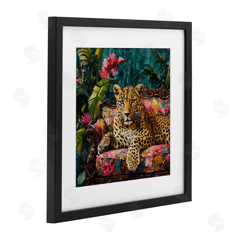 Petal Prints Design Fashionable Leopard on Floral Sofa Black Framed Print Under Glass Wall Art