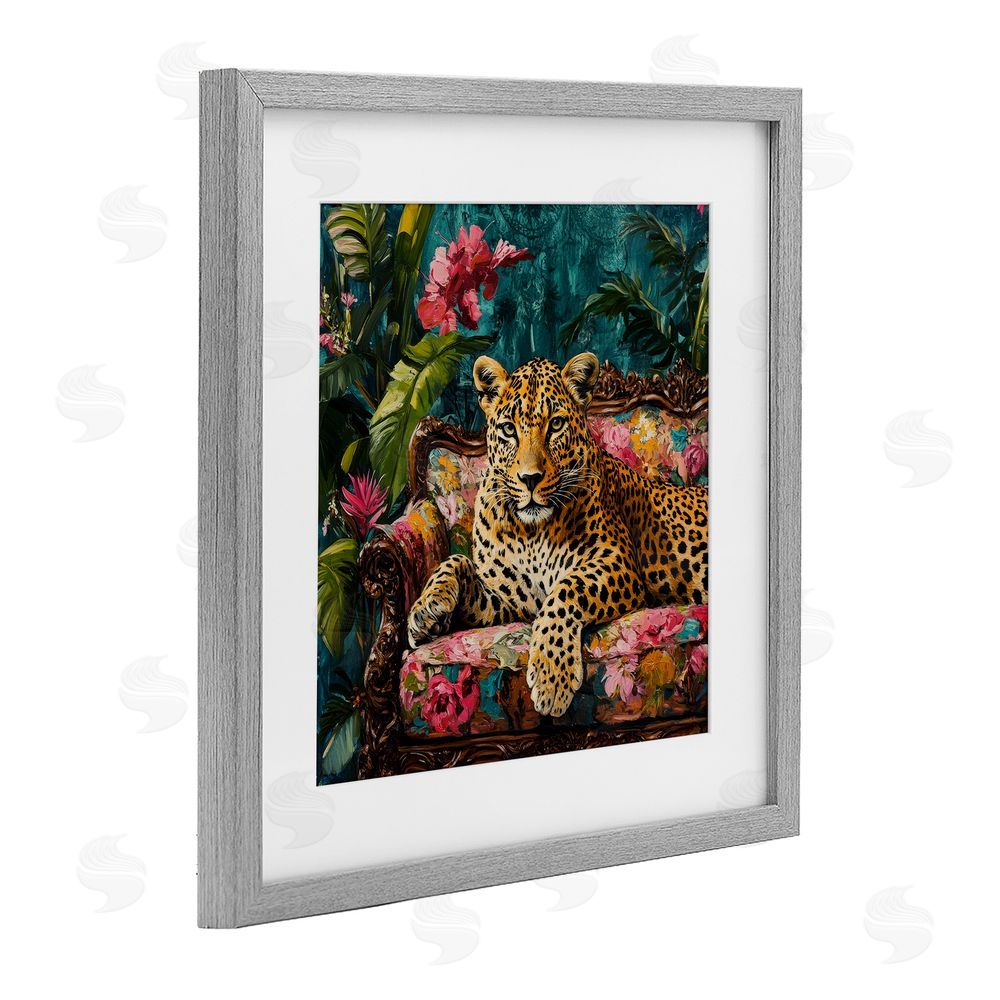 Petal Prints Design Fashionable Leopard on Floral Sofa Gray Framed Print Under Glass Wall Art