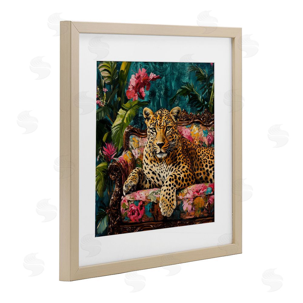 Petal Prints Design Fashionable Leopard on Floral Sofa Brown Framed Print Under Glass Wall Art