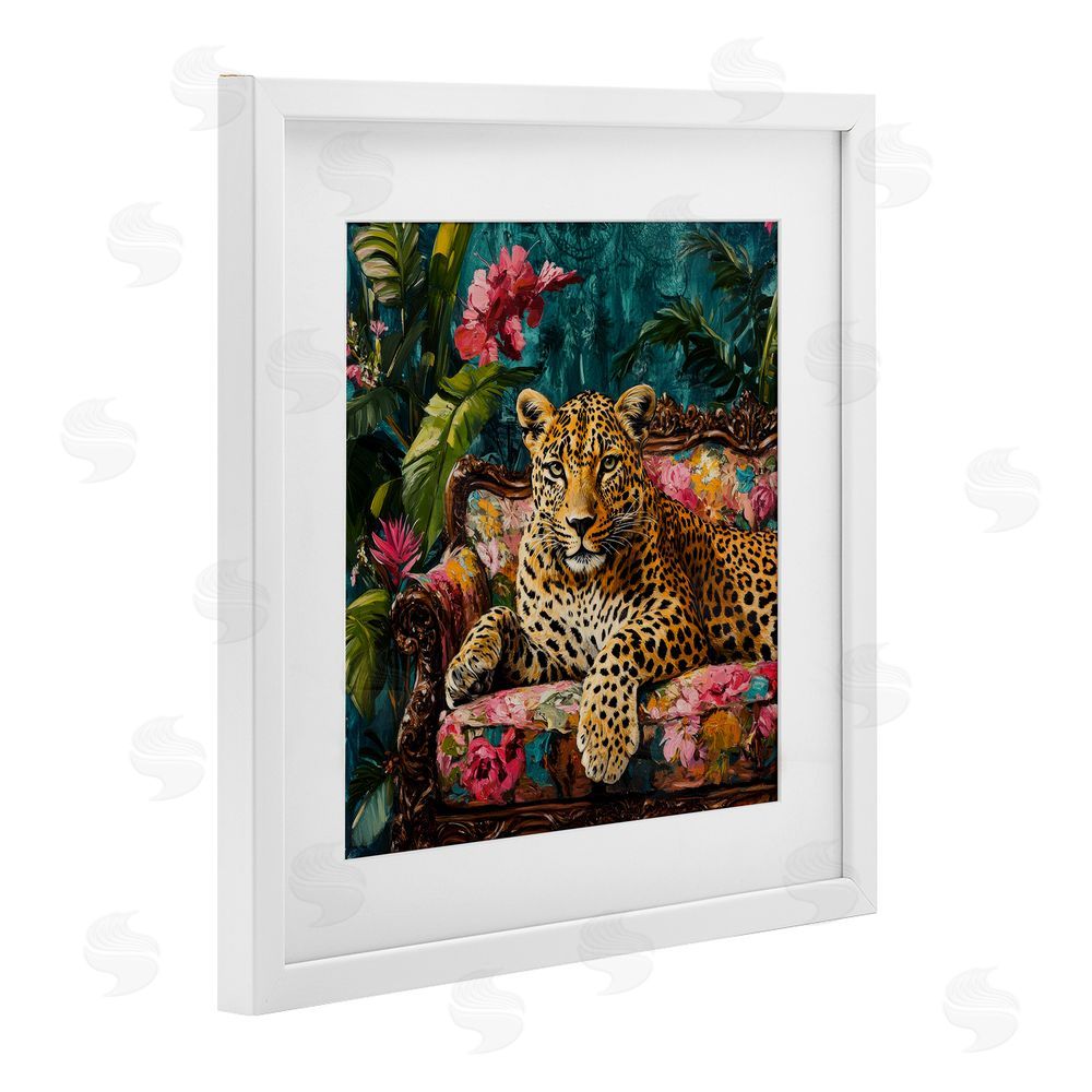 Petal Prints Design Fashionable Leopard on Floral Sofa White Framed Print Under Glass Wall Art