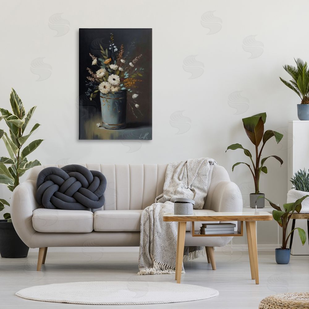 Creative Studio Rustic Floral Bouquet Bucket Stretched Canvas Wall Art in Room