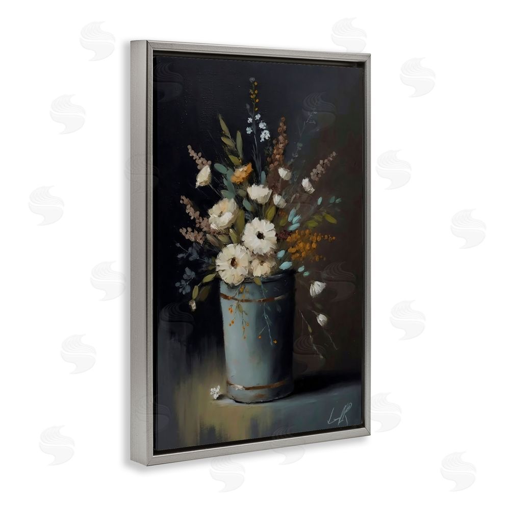 Creative Studio Rustic Floral Bouquet Bucket Gray Floating Framed Canvas Wall Art