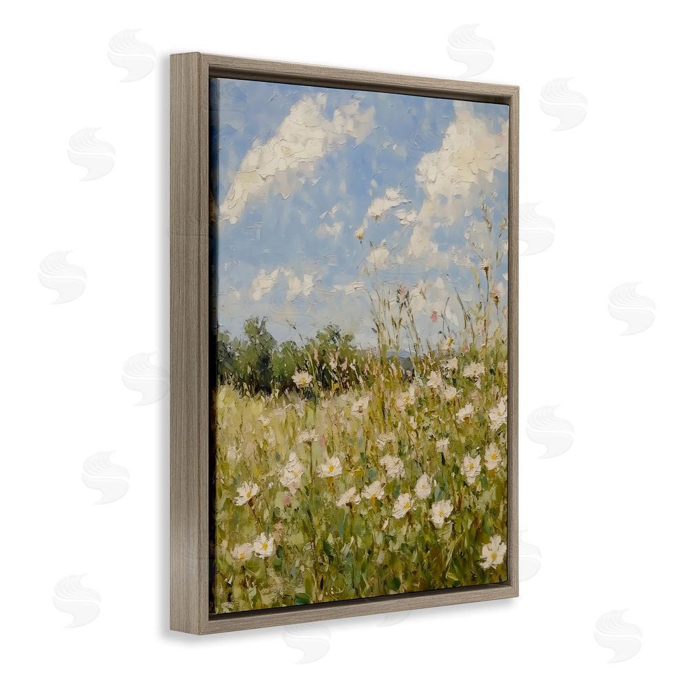 LSR Design Studio Wildflower Field Beneath Blue Sky Brown Floating Framed Canvas Wall Art Print