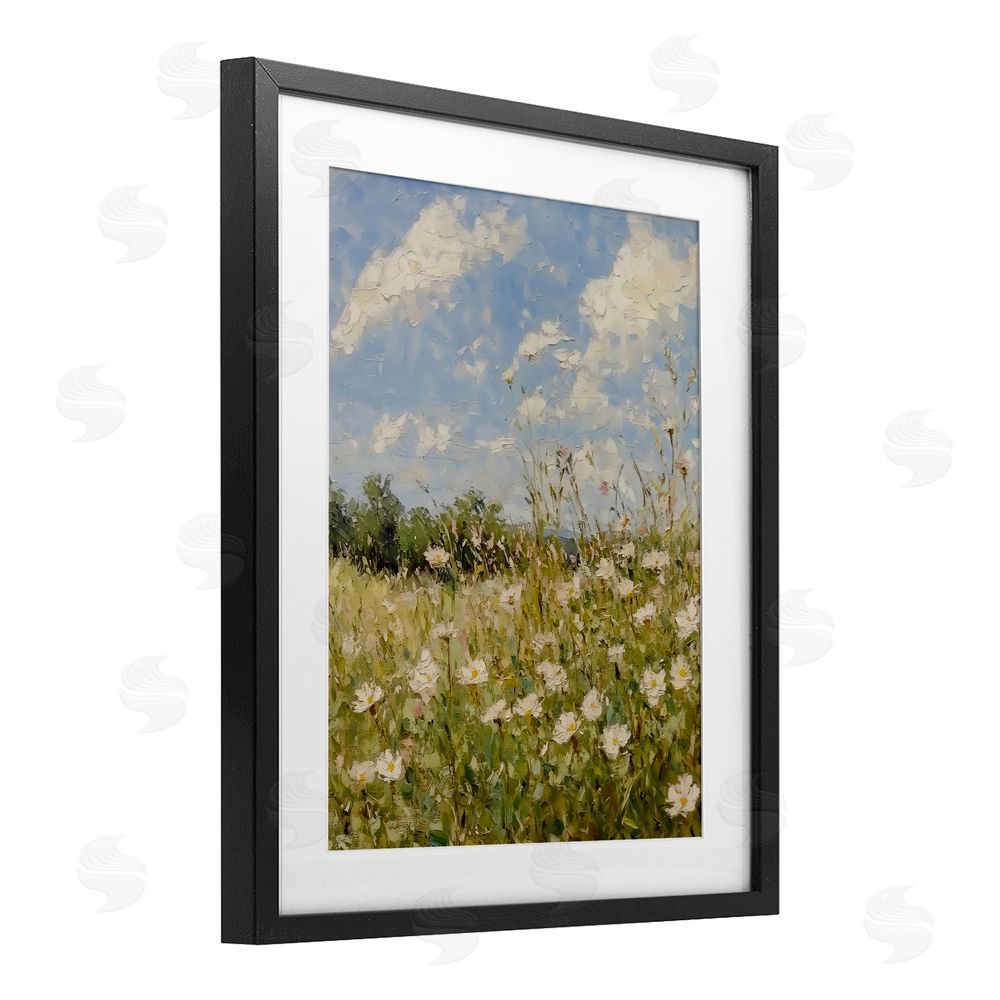 LSR Design Studio Wildflower Field Beneath Blue Sky Black Framed Print Under Glass with White Mat Wall Art