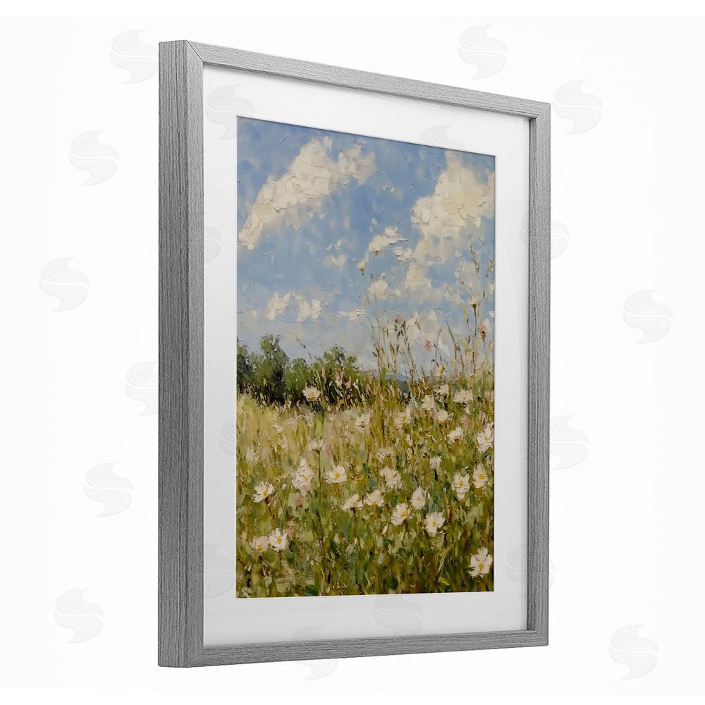 LSR Design Studio Wildflower Field Beneath Blue Sky Gray Framed Print Under Glass with White Mat Wall Art
