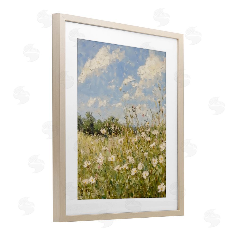 LSR Design Studio Wildflower Field Beneath Blue Sky Brown Framed Print Under Glass with White Mat Wall Art