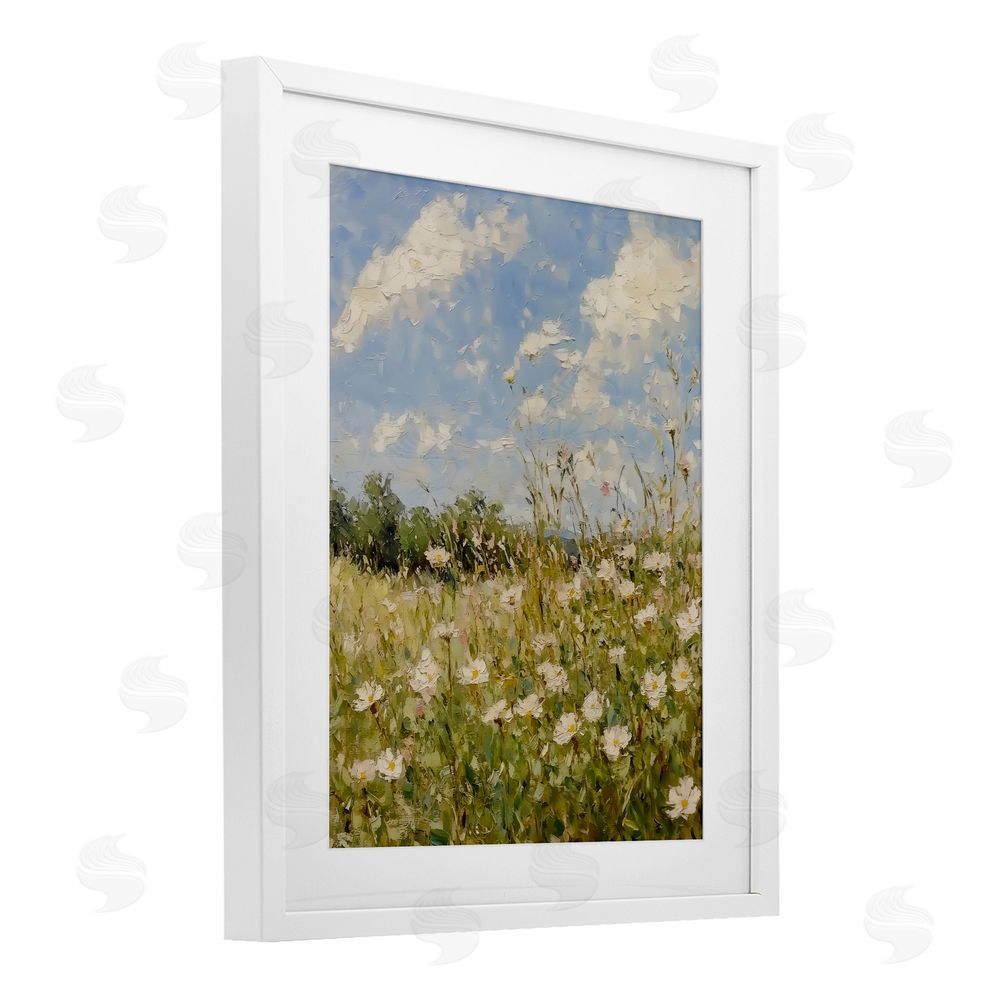 LSR Design Studio Wildflower Field Beneath Blue Sky White Framed Print Under Glass with White Mat Wall Art