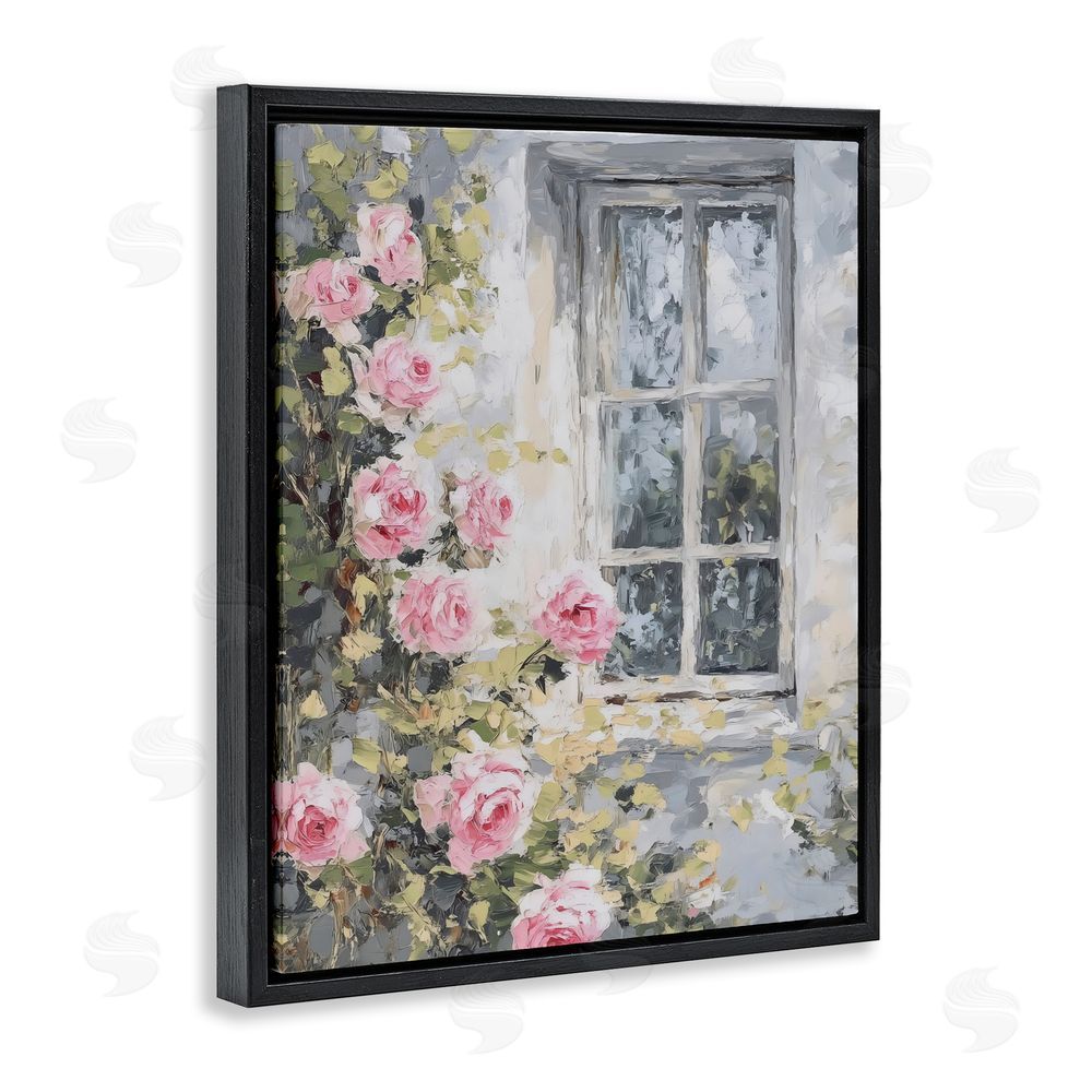 LSR Design Studio View Of Roses Cottage Window Black Floating Framed Canvas Wall Art Print