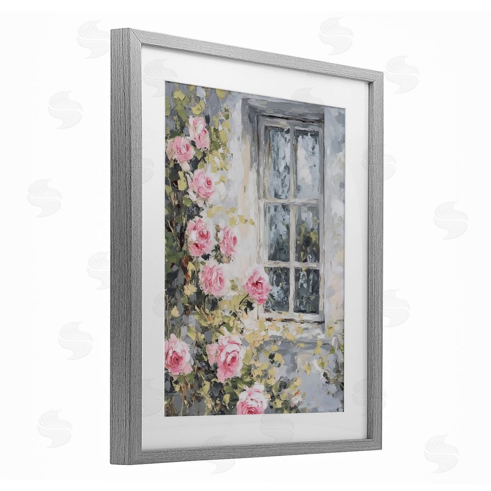LSR Design Studio View Of Roses Cottage Window Gray Framed Print Under Glass with White Mat Wall Art