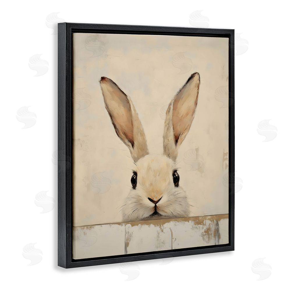 LSR Design Studio Peeking Bunny in Soft Neutrals Black Floating Framed Canvas Wall Art