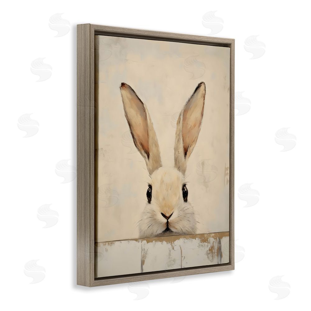 LSR Design Studio Peeking Bunny in Soft Neutrals Brown Floating Framed Canvas Wall Art