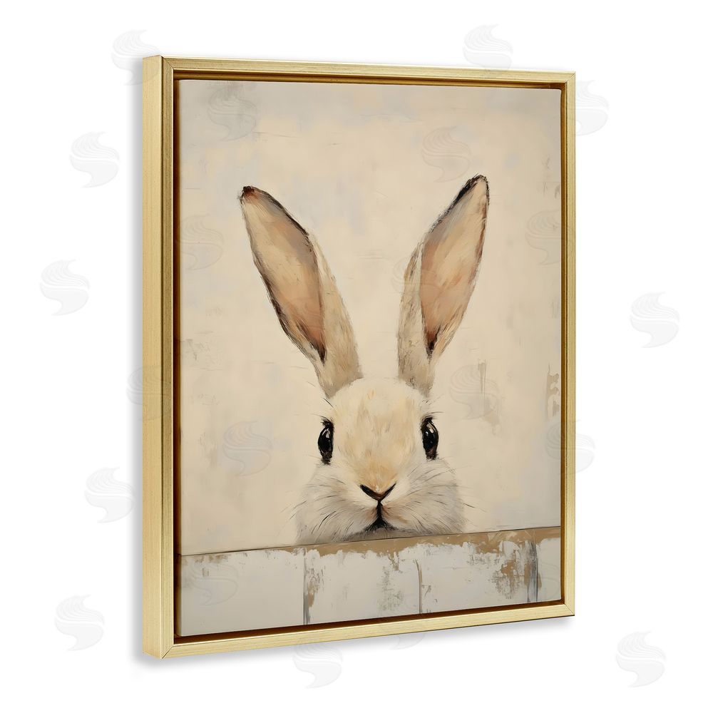 LSR Design Studio Peeking Bunny in Soft Neutrals Gold Floating Framed Canvas Wall Art