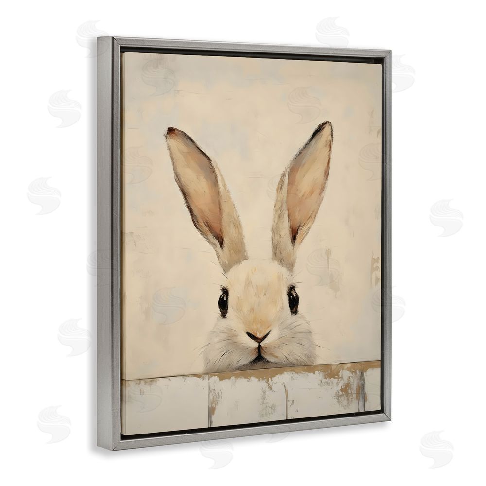 LSR Design Studio Peeking Bunny in Soft Neutrals Gray Floating Framed Canvas Wall Art