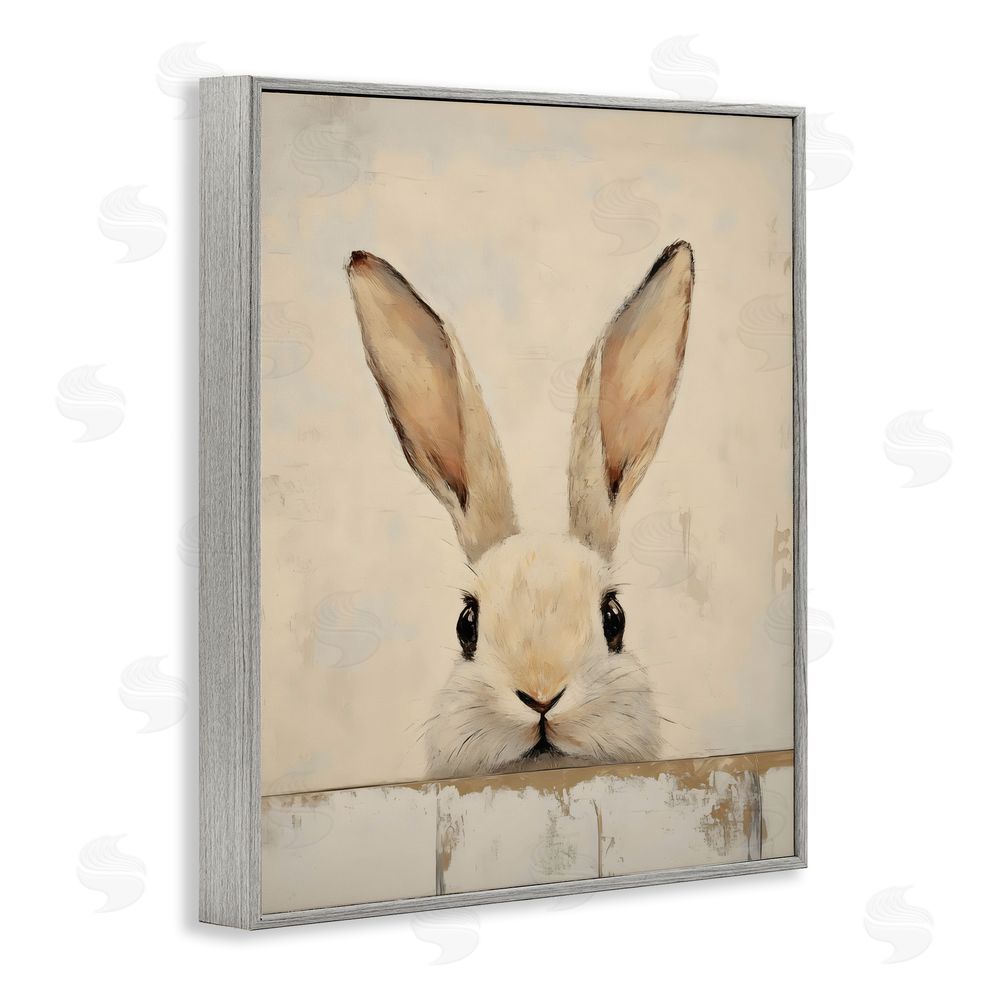 LSR Design Studio Peeking Bunny in Soft Neutrals Gray Framed Giclee Wall Art