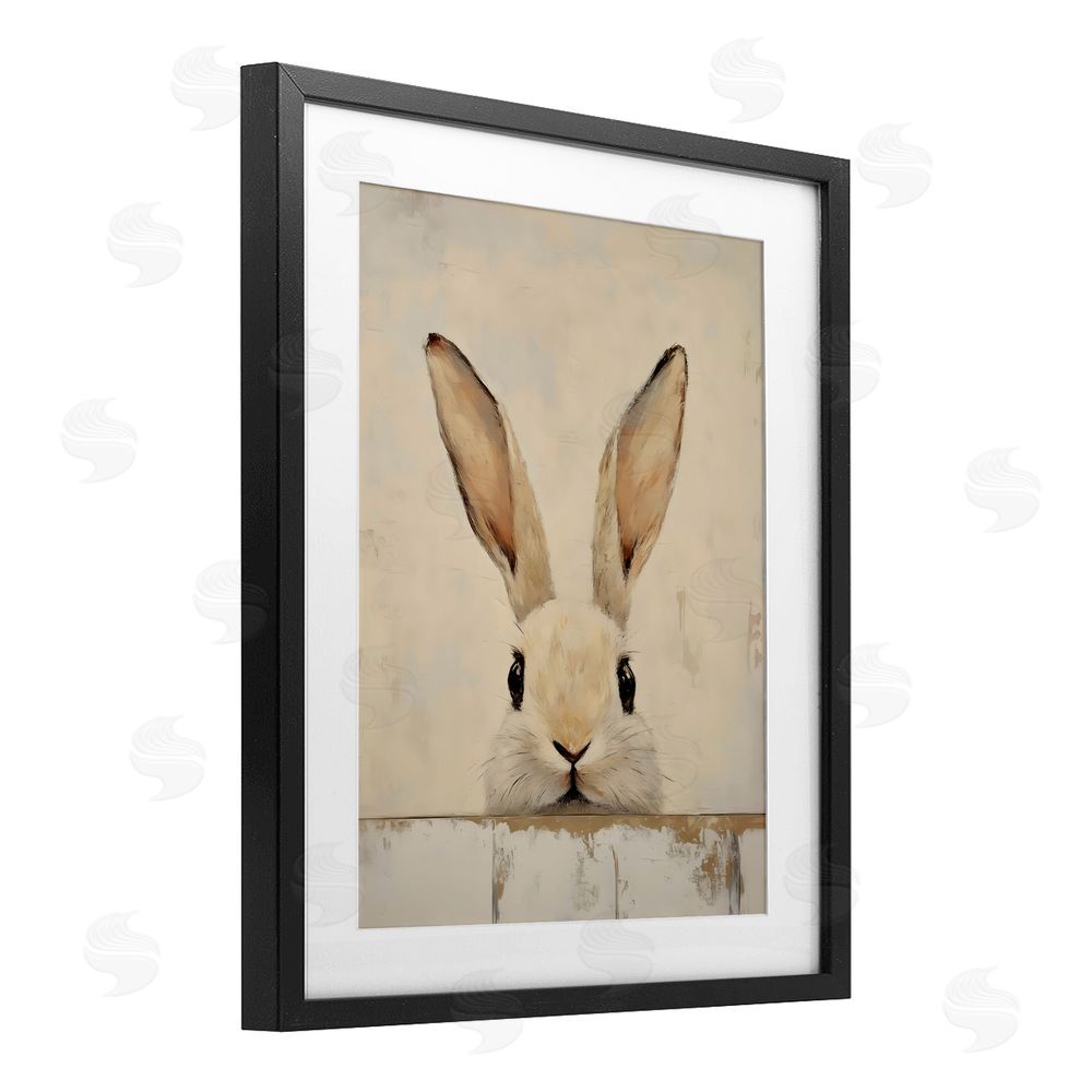 LSR Design Studio Peeking Bunny in Soft Neutrals Black Framed Print Under Glass Wall Art
