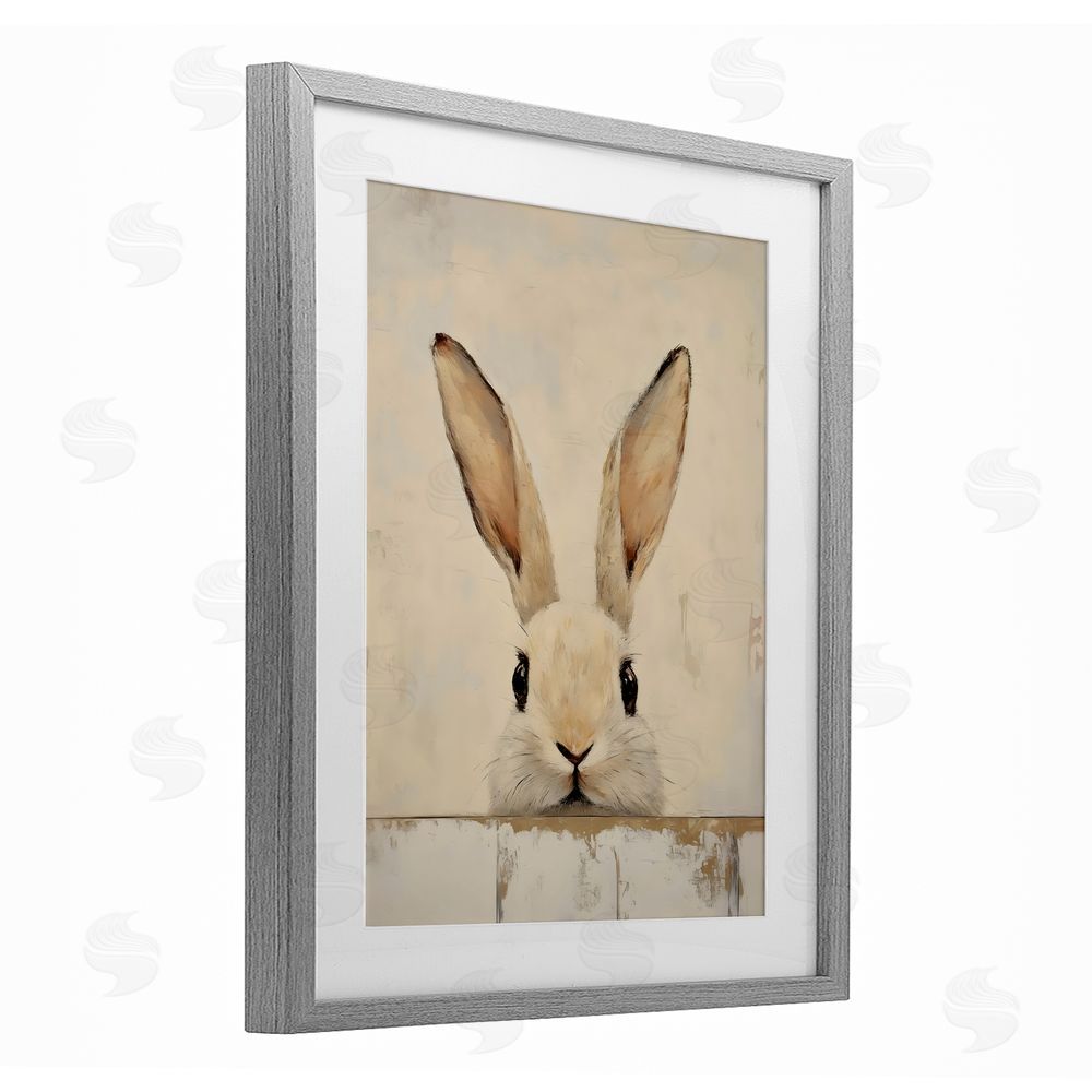 LSR Design Studio Peeking Bunny in Soft Neutrals Gray Framed Print Under Glass Wall Art