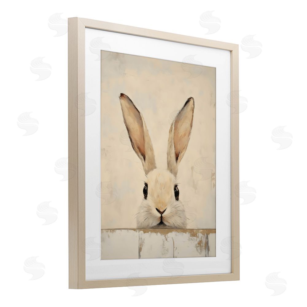 LSR Design Studio Peeking Bunny in Soft Neutrals Brown Framed Print Under Glass Wall Art