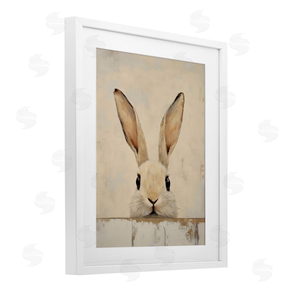 LSR Design Studio Peeking Bunny in Soft Neutrals White Framed Print Under Glass Wall Art