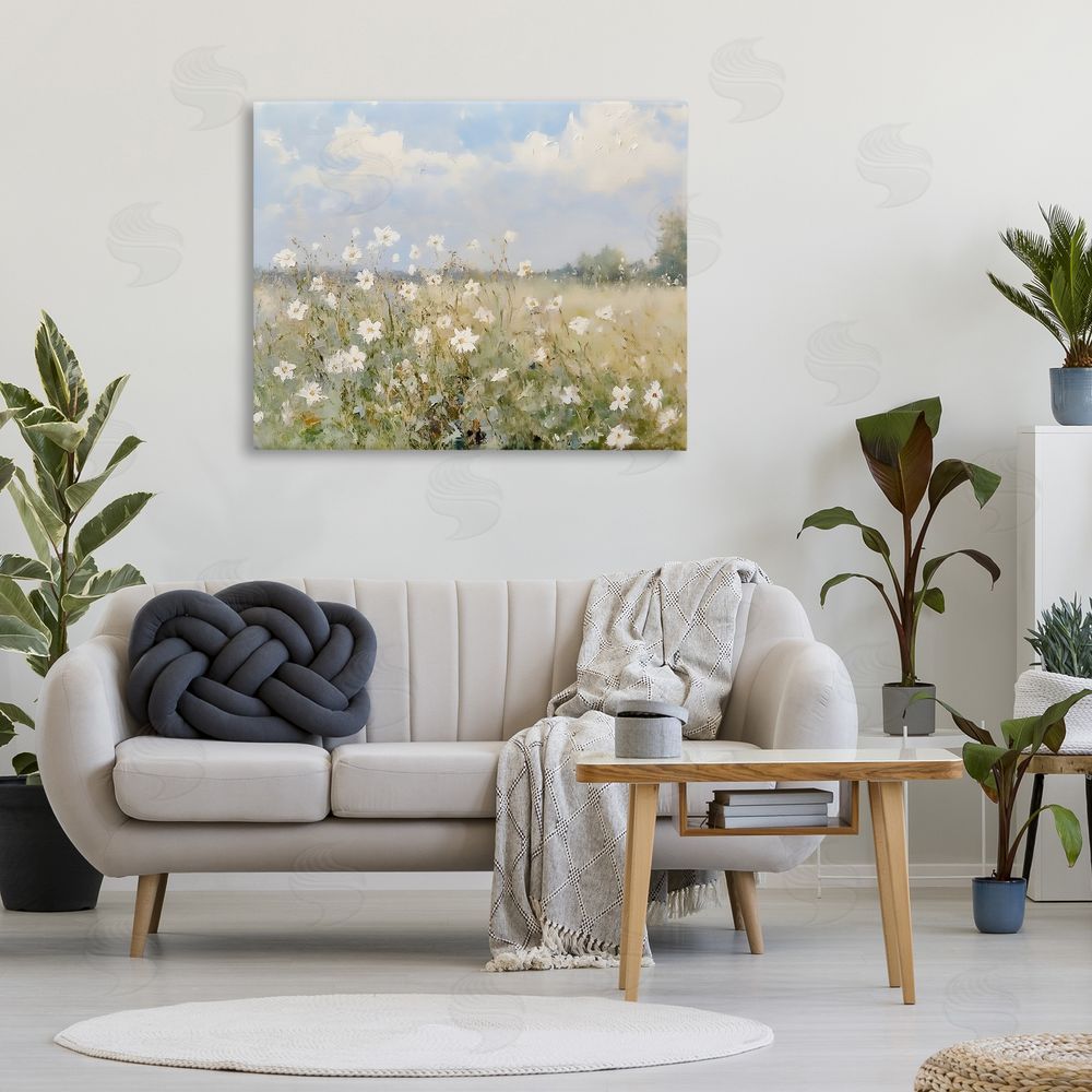LSR Design Studio Neutral Wildflower Field in Bloom Stretched Canvas Wall Art in Room