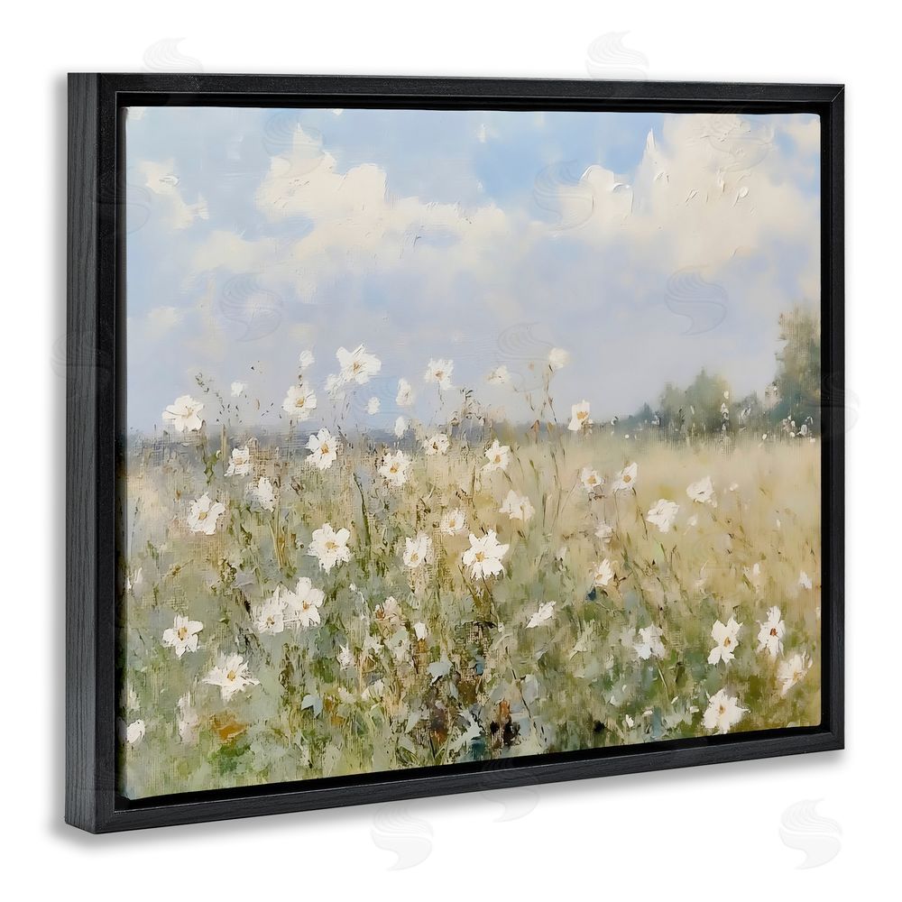 LSR Design Studio Neutral Wildflower Field in Bloom Black Floating Framed Canvas Wall Art