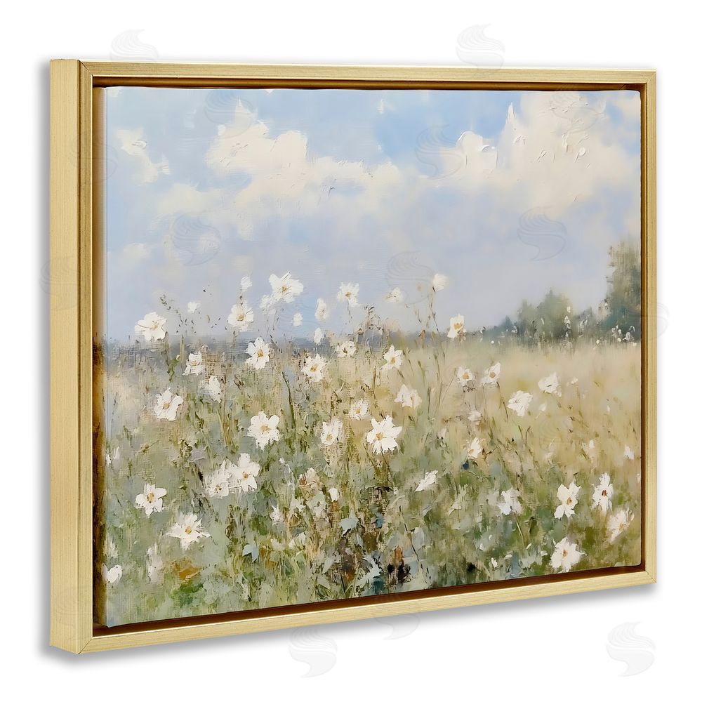 LSR Design Studio Neutral Wildflower Field in Bloom Gold Floating Framed Canvas Wall Art