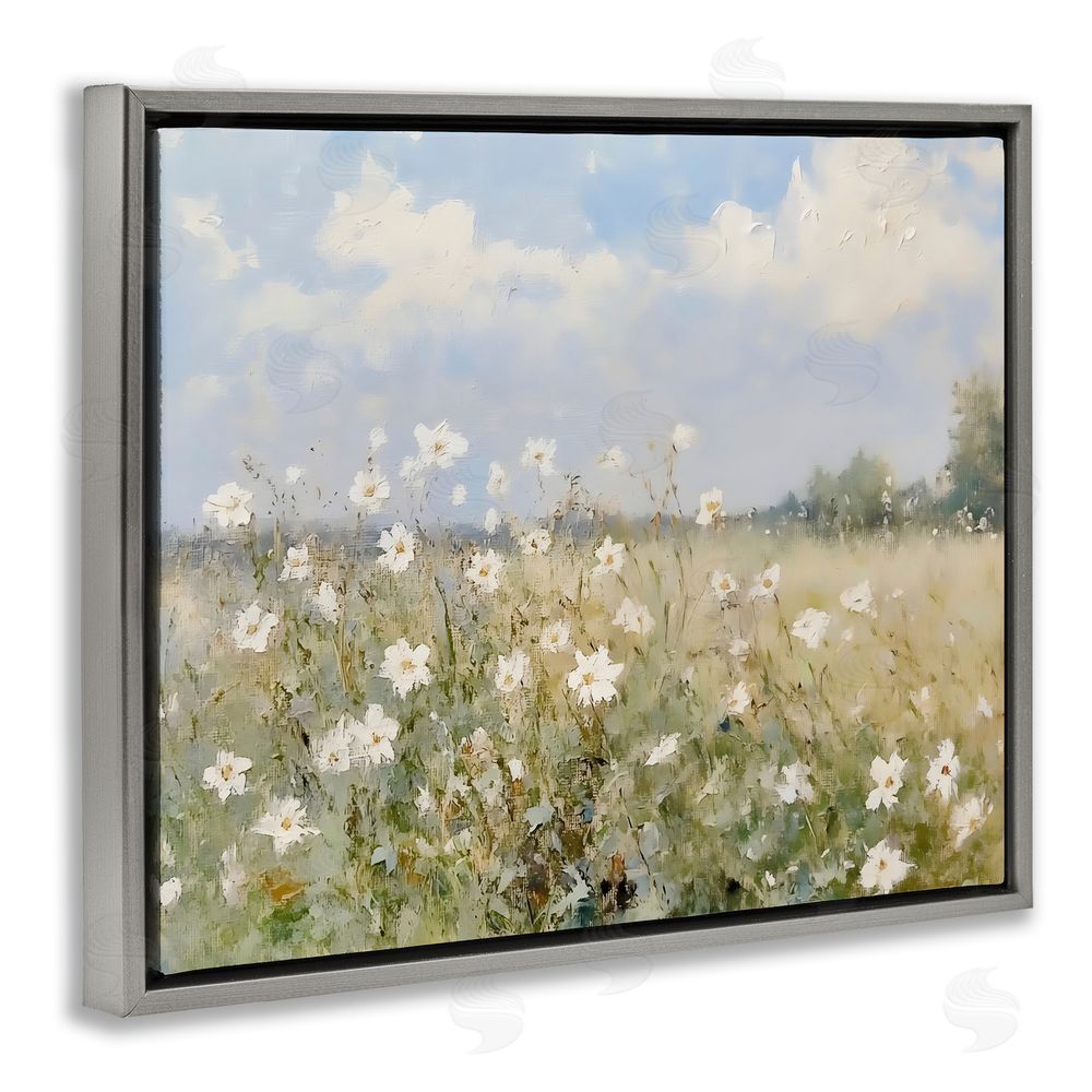 LSR Design Studio Neutral Wildflower Field in Bloom Gray Floating Framed Canvas Wall Art