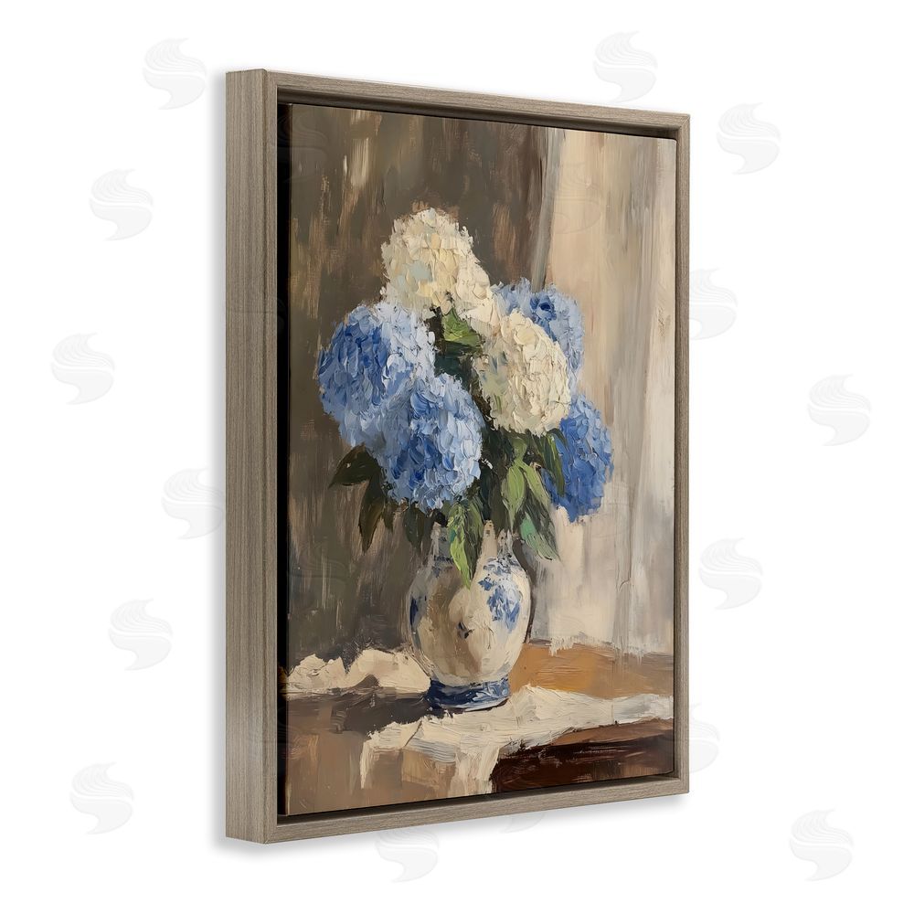 LSR Design Studio Vintage Hydrangea in Ceramic Vase Brown Floating Framed Canvas Wall Art Print