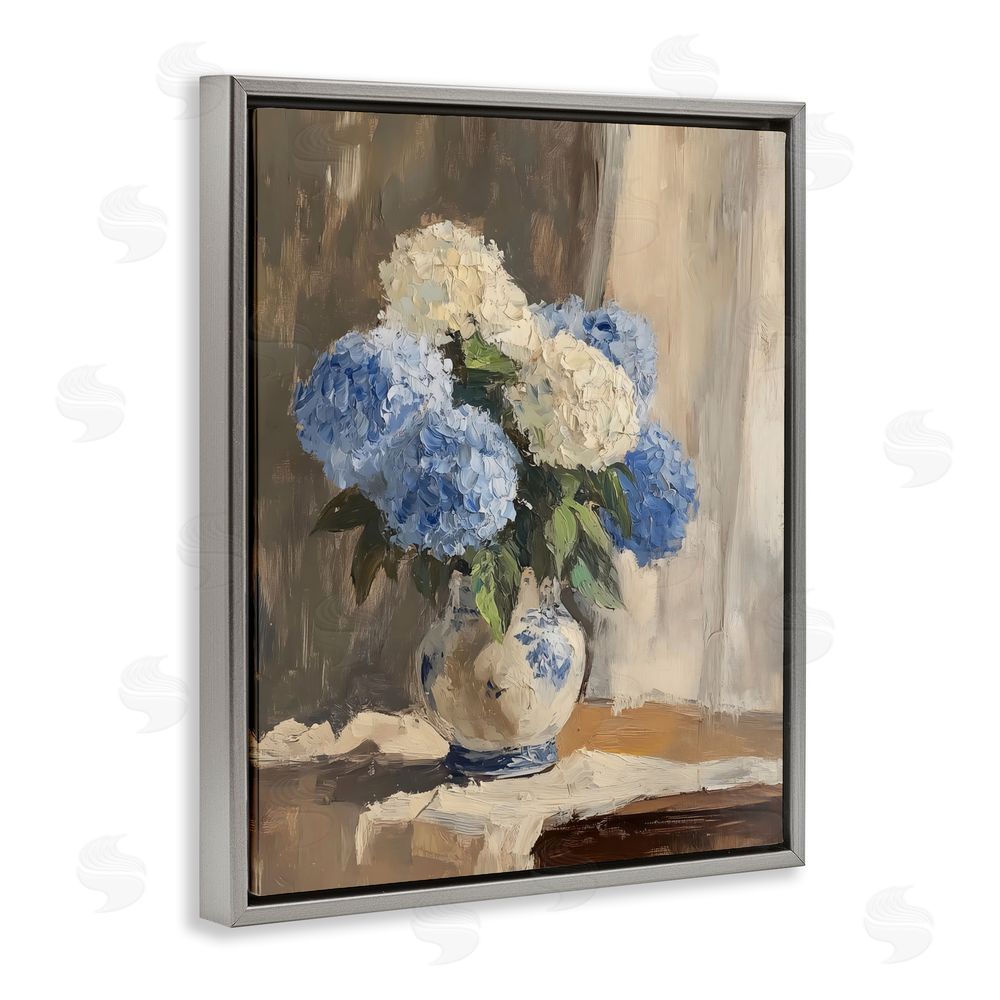 LSR Design Studio Vintage Hydrangea in Ceramic Vase Gray Floating Framed Canvas Wall Art Print