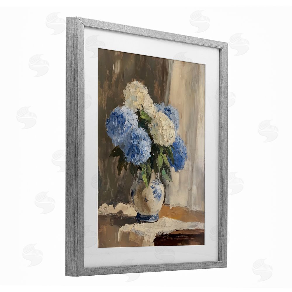 LSR Design Studio Vintage Hydrangea in Ceramic Vase Gray Framed Print Under Glass with White Mat Wall Art