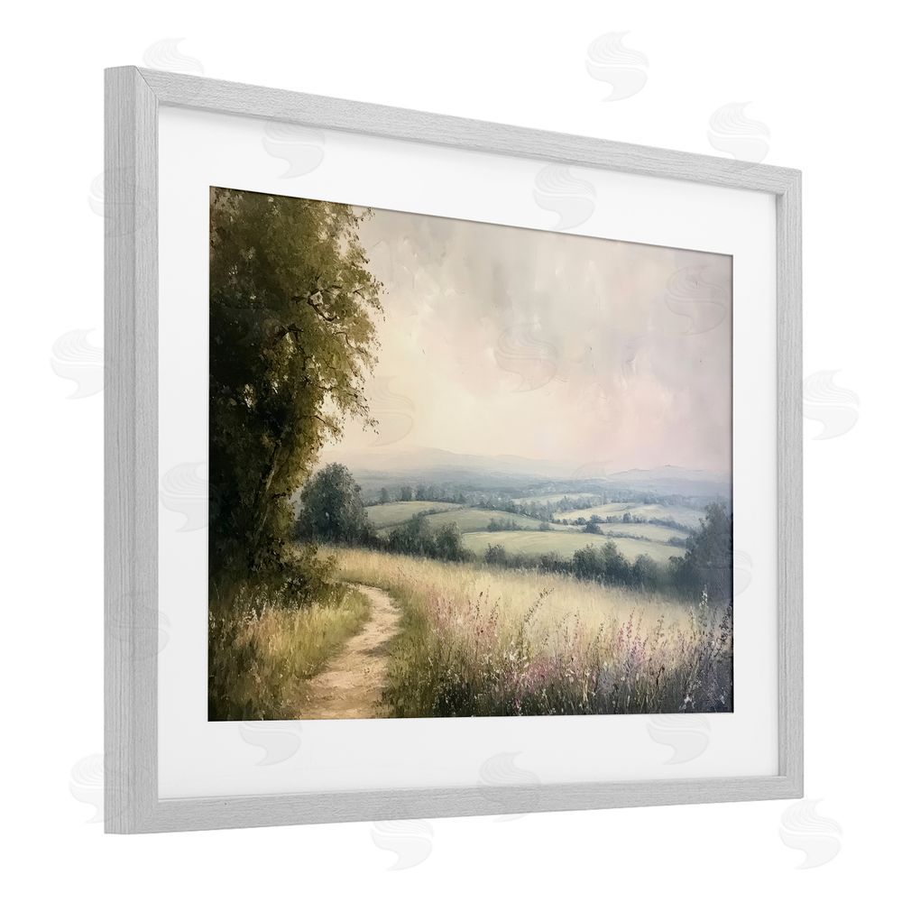Petal Prints Design Rolling Farmlands in Distance Gray Framed Print Under Glass Wall Art