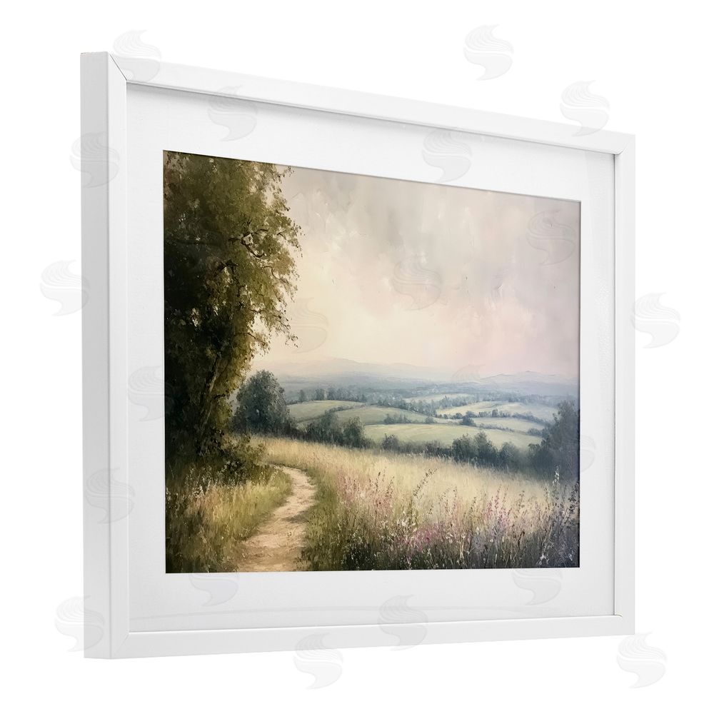 Petal Prints Design Rolling Farmlands in Distance White Framed Print Under Glass Wall Art