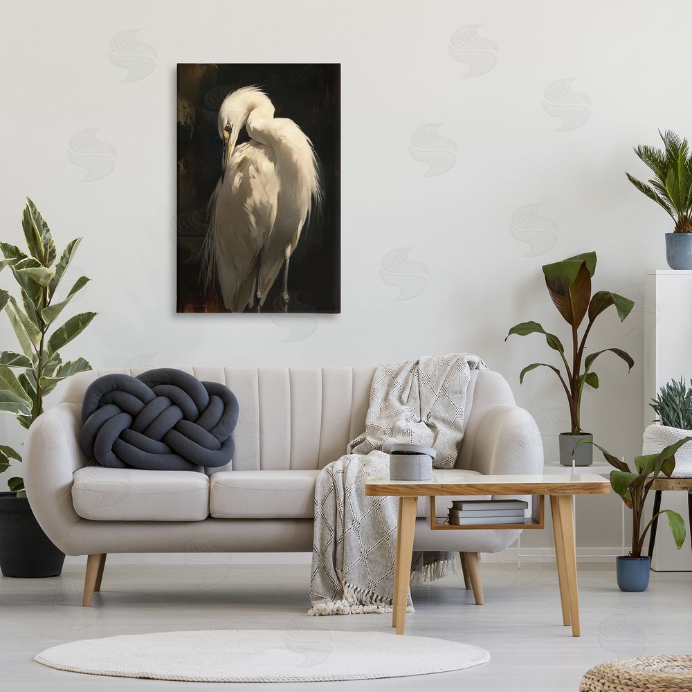 Petal Prints Design Feathered Egret in Soft Light Stretched Canvas Wall Art in Room