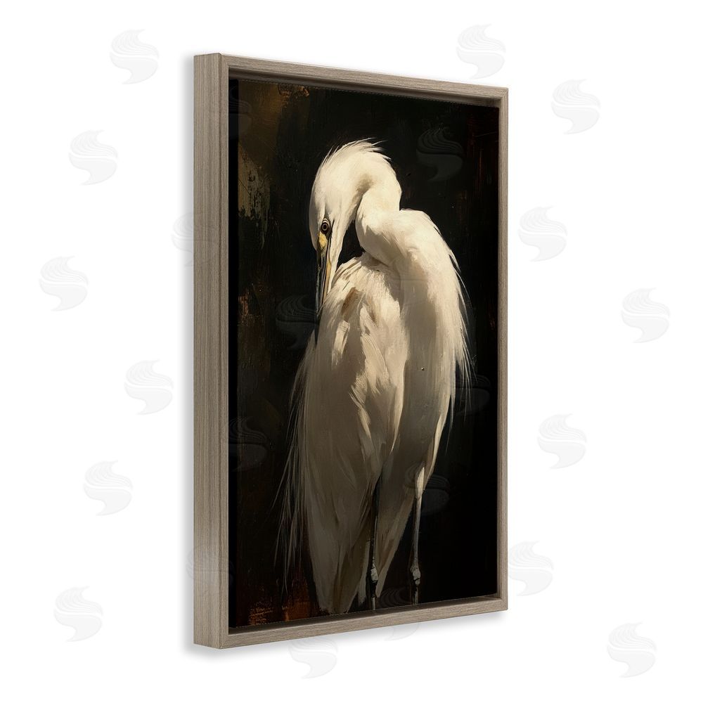 Petal Prints Design Feathered Egret in Soft Light Brown Floating Framed Canvas Wall Art