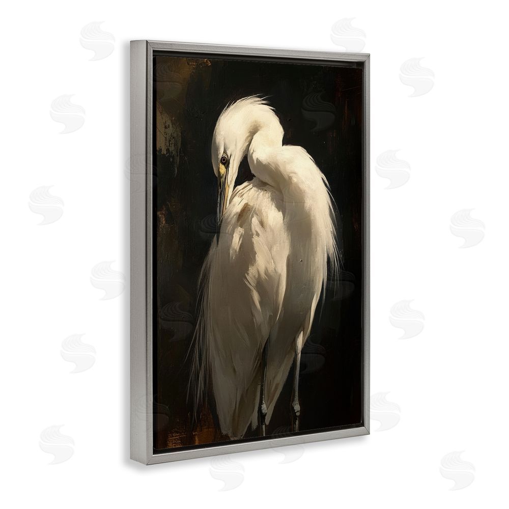Petal Prints Design Feathered Egret in Soft Light Gray Floating Framed Canvas Wall Art