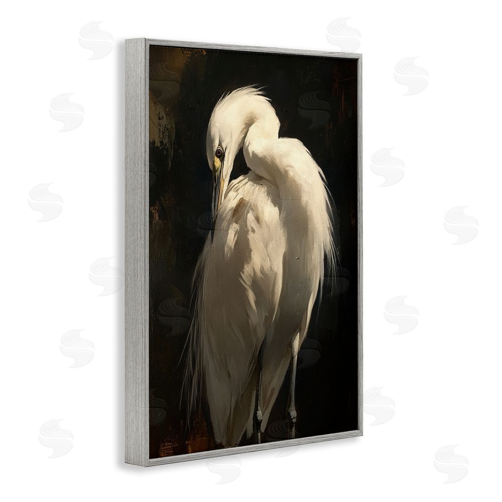 Petal Prints Design Feathered Egret in Soft Light Gray Framed Giclee Wall Art