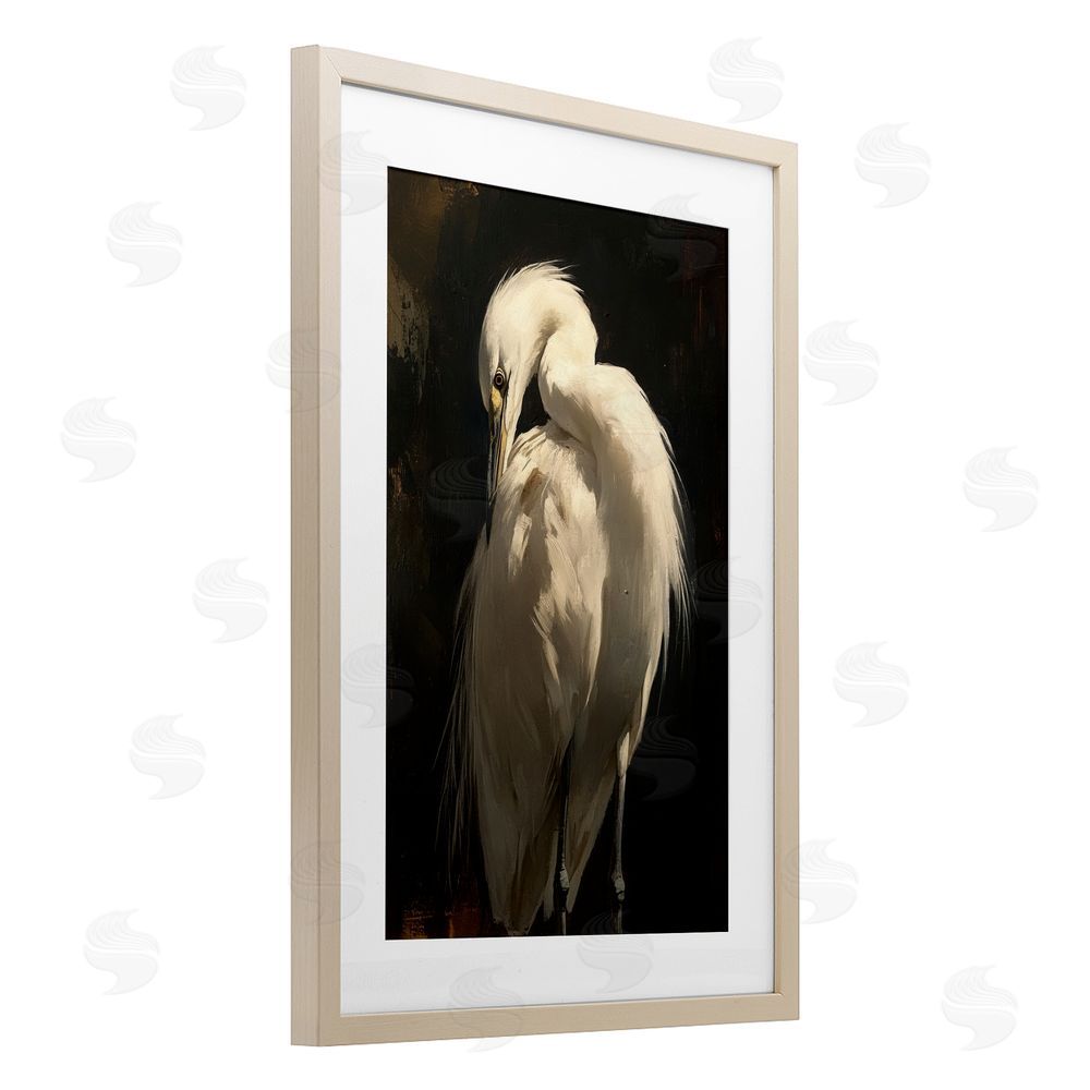 Petal Prints Design Feathered Egret in Soft Light Brown Framed Print Under Glass Wall Art